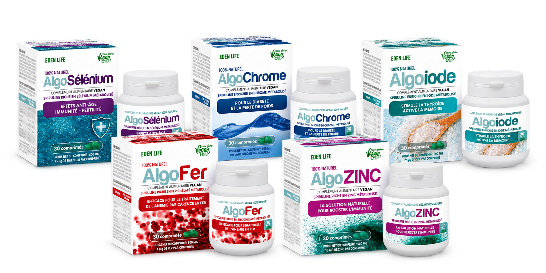 La gamme Eden Life : AlgoFer, AlgoZinc, AlgoSélénium, AlgoChrome et AlgoIode